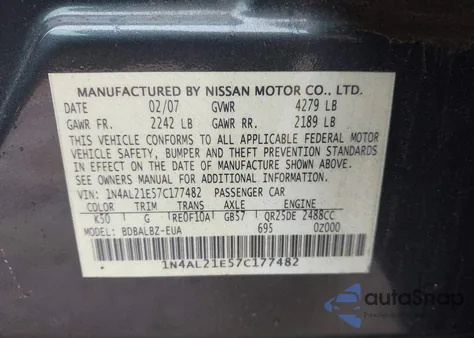 2007 Nissan Altima 2.5 S z USA, uszkodzony, nr VIN 1N4AL21E57C177482